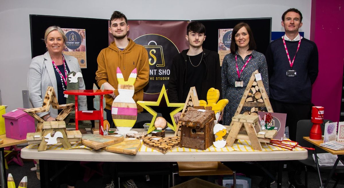 Catherine Anderson, Deputy Head of School, Business and Travel & Tourism; Level 3 Business students Johnny Montgomery and Jed Mercer; Marie McAlinden, Curriculum Manager; and Brendan Moore, Joinery Technician.